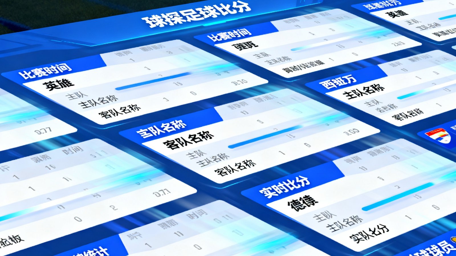 球探足球比分实时比分大屏展示英超、西甲、德甲等多联赛数据看板，高清动态UI界面